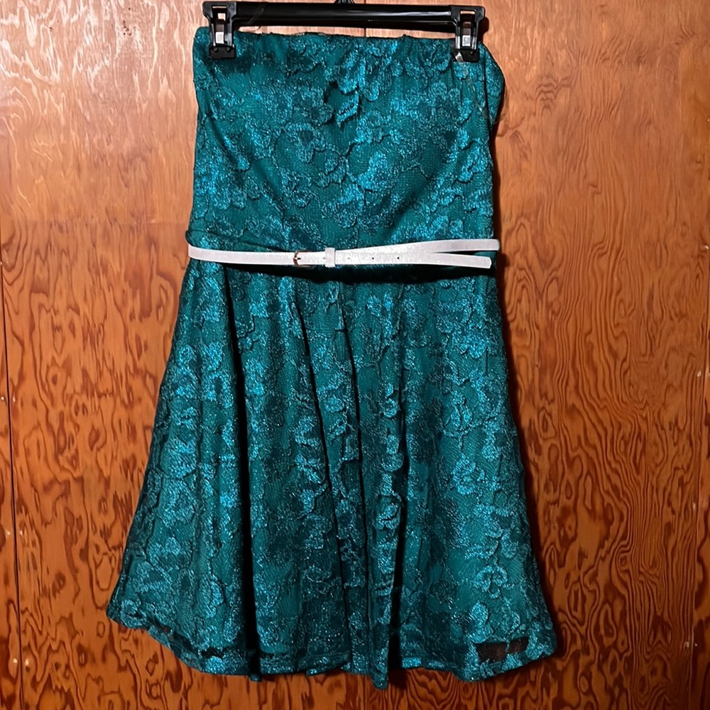 Love Reign Strapless Green Lace Dress with Belt and Bra Cups.